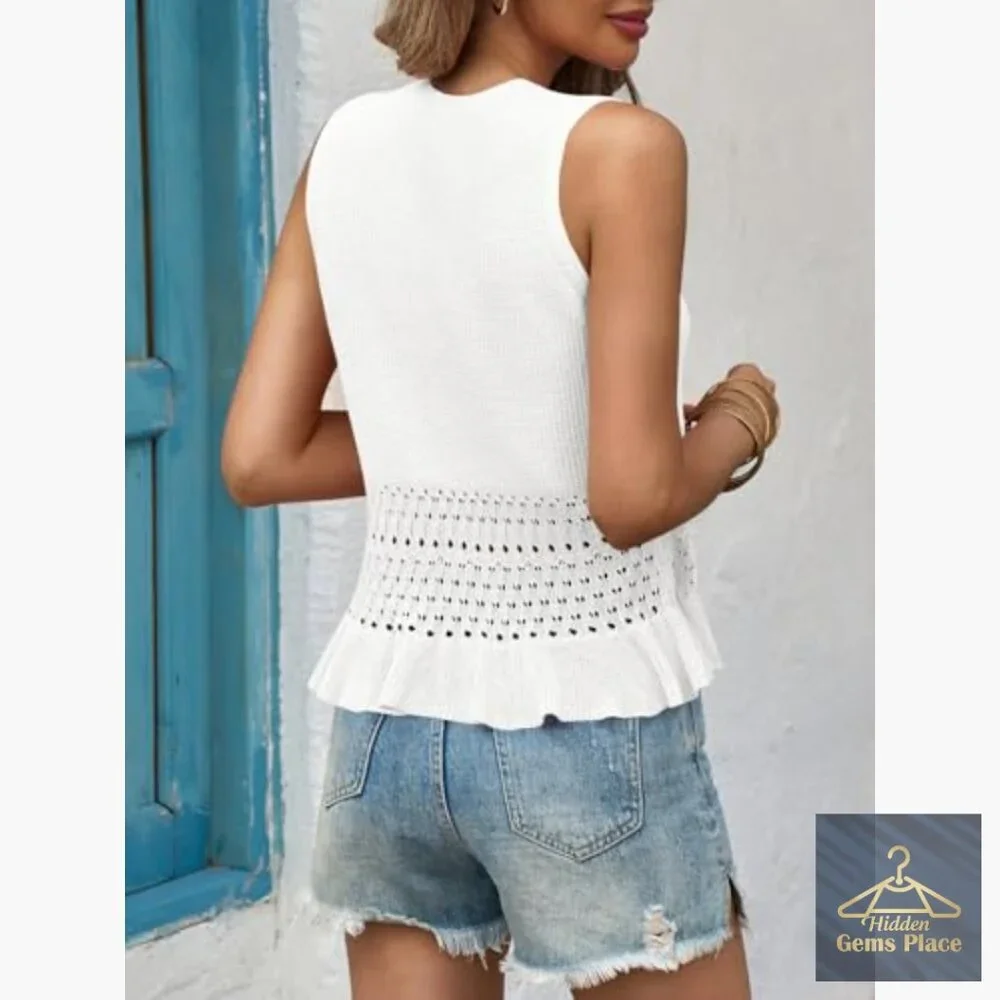 Crochet Crop Tank Top Sleeveless Crew Neck Ruffle Boho Knit Sweater Vest